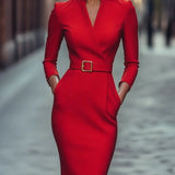 Nora | Black Dress with Belt and Mandarin Collar