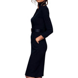 Marina | Refined black dress with belt and mandarin collar