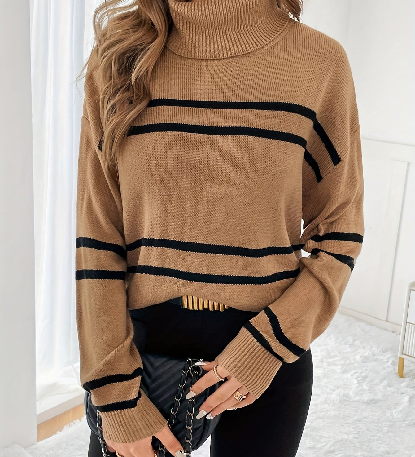 Thea – Striped High Neck Sweater