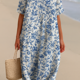 Lola - Vestido de Marfil Adornado con Acentos Florales en Azul Porcelana