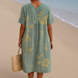 Cristina - Vestido Azul-Gris con Bordado Floral