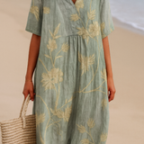 Cristina - Vestido Azul-Gris con Bordado Floral