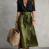 Carmen | Two-piece set: black top and olive green midi skirt