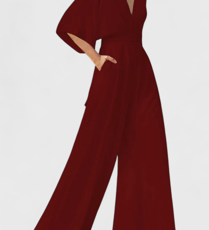 Isaura Elegant Long Jumpsuit with Wide Leg and V-Neck