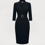 Nora | Black Dress with Belt and Mandarin Collar