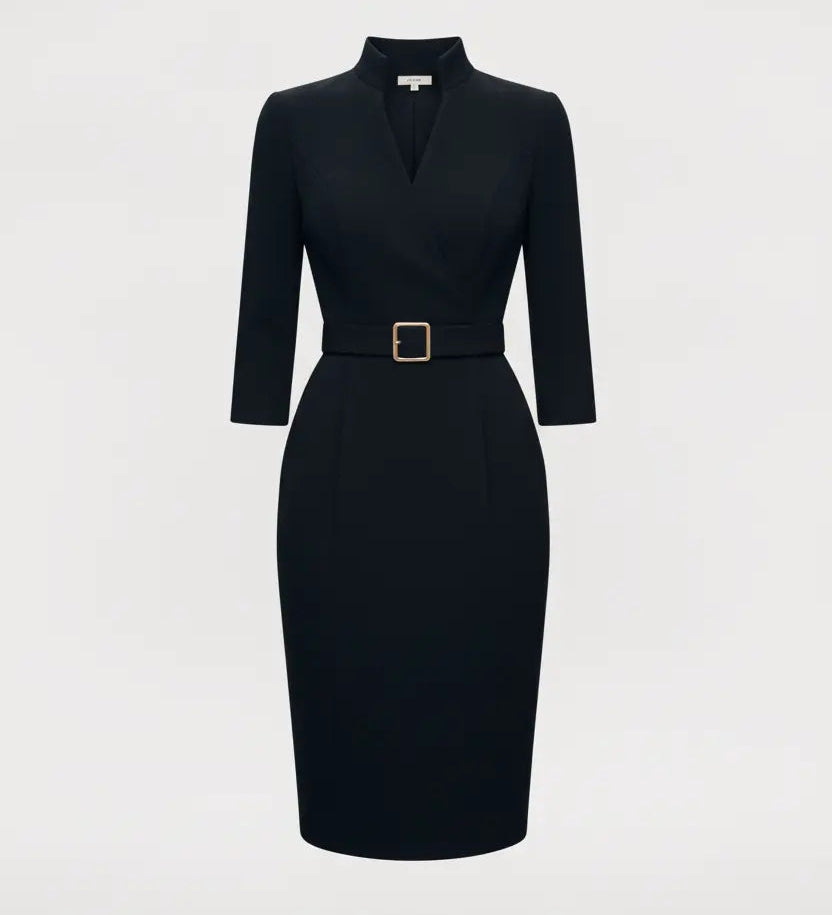 Nora | Black Dress with Belt and Mandarin Collar