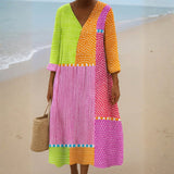 Isabel - Vestido de Patchwork Colorido con Bolitas y Rayas