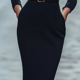 Nora | Black Dress with Belt and Mandarin Collar