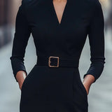 Nora | Black Dress with Belt and Mandarin Collar